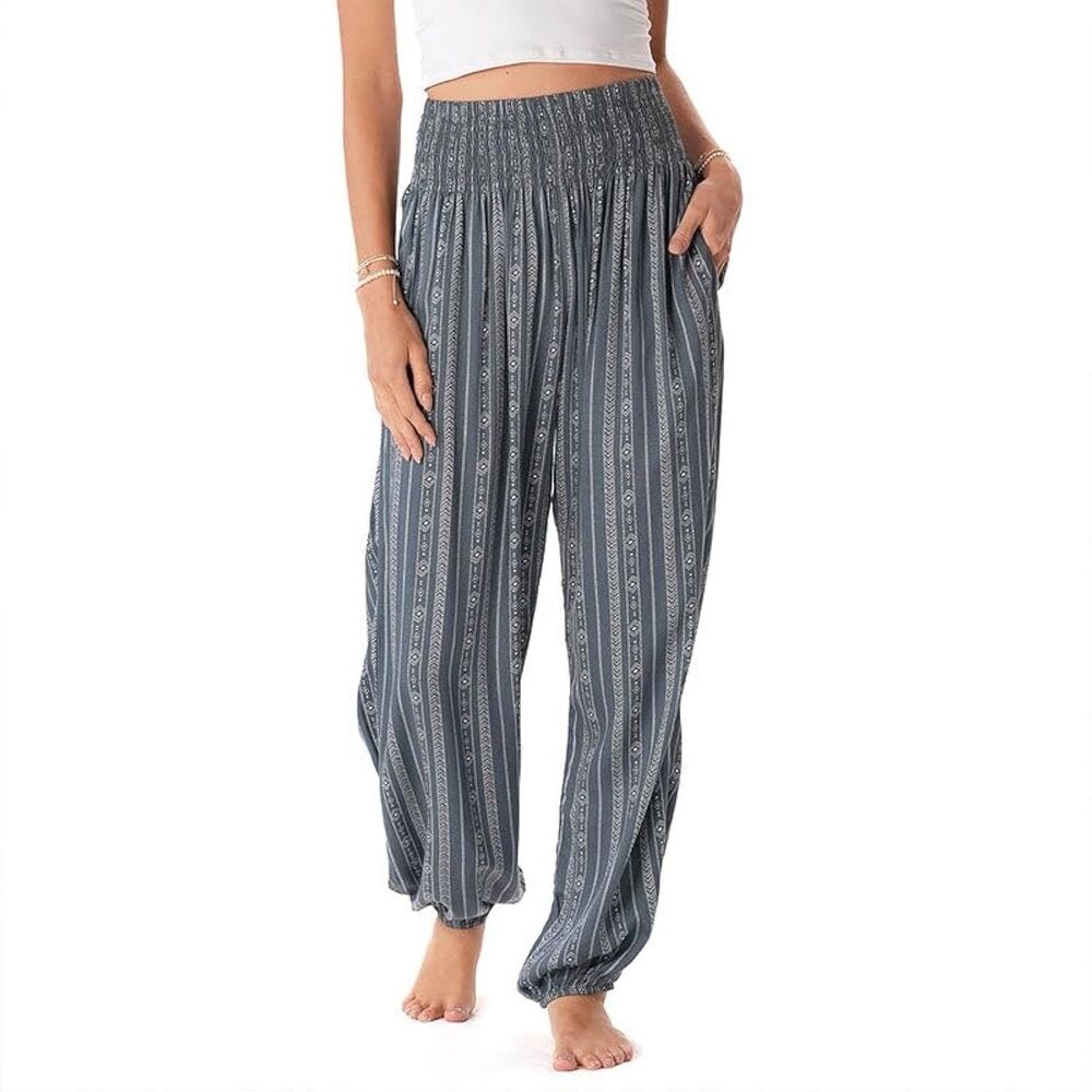 Lotus and Luna Small Harem Pants Tribal Gray Rayon Pull On Stretch Women’s S NWT